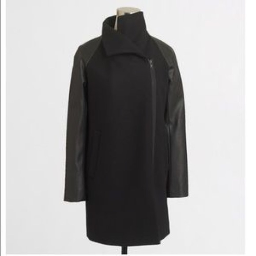 J. Crew factory faux leather sleeve black envelope coat size 6